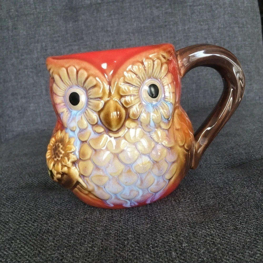 Owl Coffee Mug, Orange, Brown, Ivory, Colorful, 16 oz